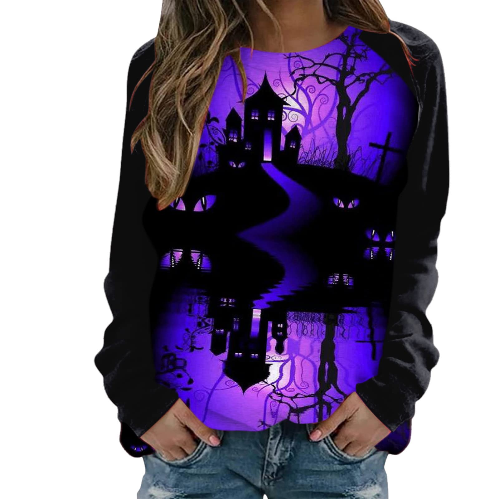 Stylish Halloween Graphic Tee for Women - Long Sleeve Crew Neck Casual Pullover Sweatshirt | Perfect for Halloween Parties, Fall Outfits & Cozy Seasonal Wear