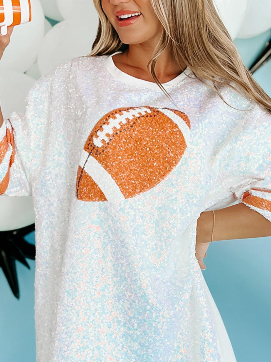 Sparkly Sequin Football Print Oversized T-Shirt for Women - Comfortable Round Neck Half Sleeve Blouse for Game Day, Party & Casual Wear