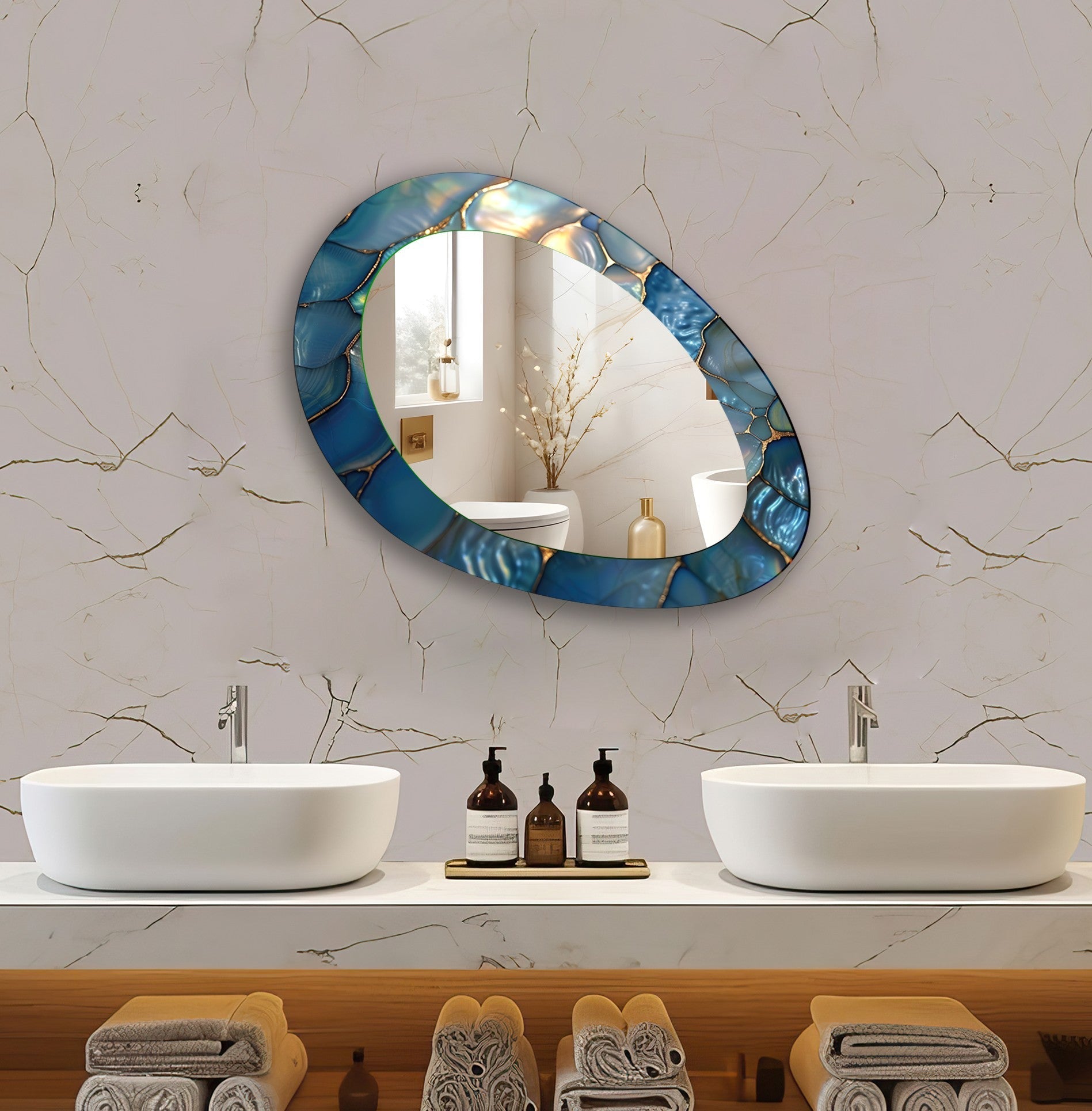 Blue Metallic Abstract Wall Mirror - Modern Decorative Mirror for Living Room, Bedroom & Entryway - Stylish Home Decor & Interior Design Accent