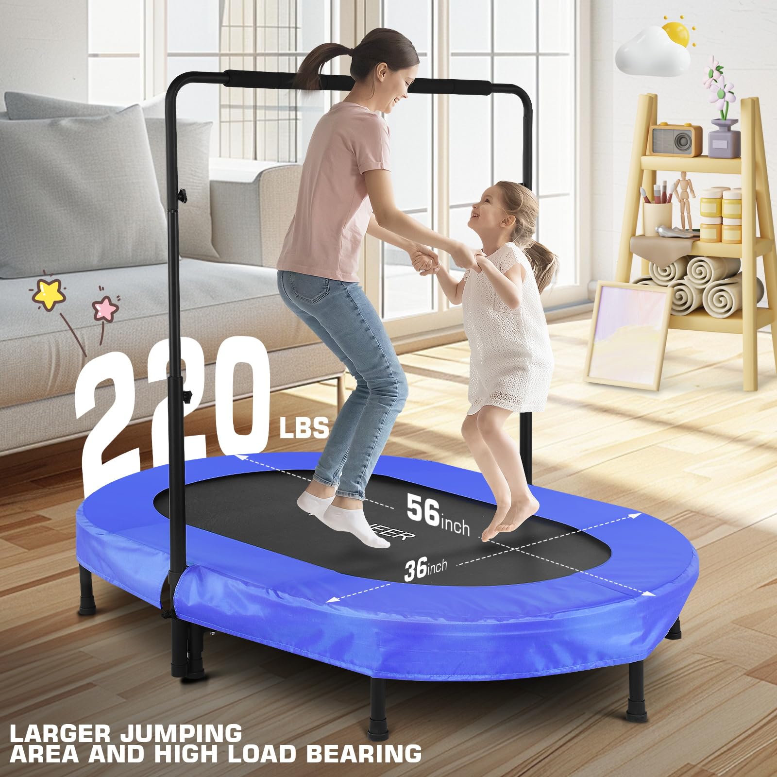 ANCHEER Foldable Mini Trampoline with Adjustable Handle - 220lbs Capacity Rebounder for Cardio, Indoor Exercise & Outdoor Fitness - Perfect for Home Gym, Garden Workouts & Parent-Child Fitness Activities