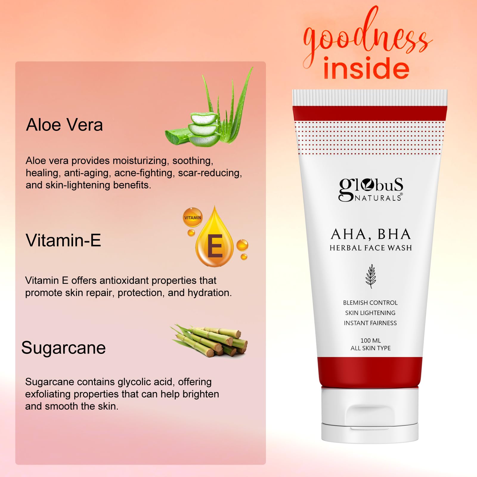 Globus Naturals Youth Extended Exfoliating Face Wash Cleanser with AHA & BHA - 100ml | Gentle Exfoliation for Clear, Radiant Skin | Perfect for Daily Skincare Routine & Acne-Prone Skin