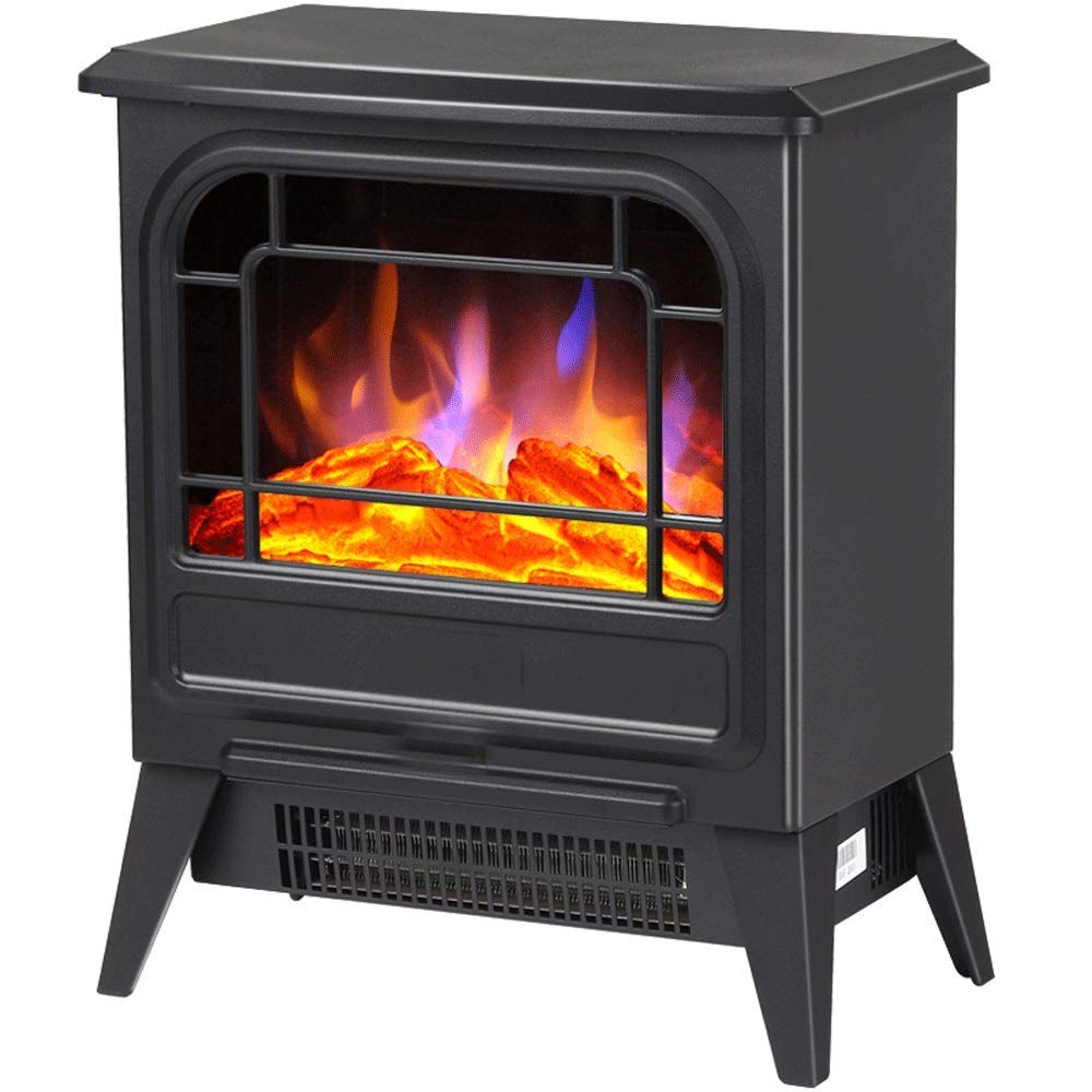 1800W Black Electric Fireplace Heater with Realistic Flame Effect & Overheat Protection - Freestanding Stove for Living Room, Bedroom & Office Warmth