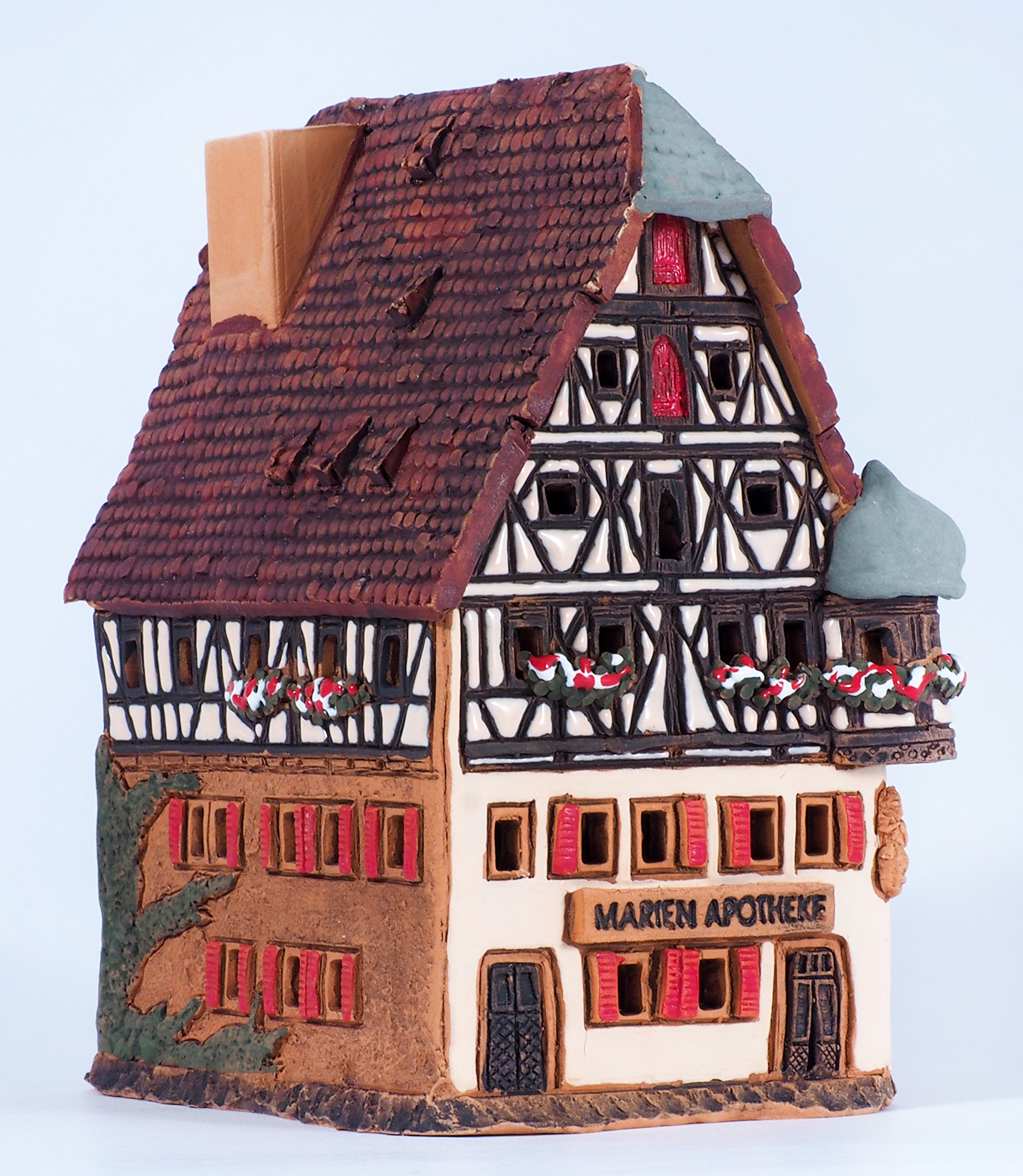 Handmade Ceramic Miniature House Tea Light Candle Holder - Replica of Historic Marienapotheke in Rothenburg Germany - Unique Home Decor Gift for Christmas, Wedding, Table Centerpiece & Cozy Ambiance