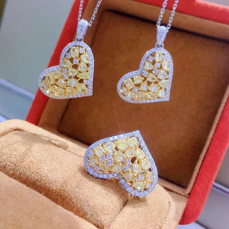 18K White Gold Real Yellow Diamond Heart Necklace Set for Women - 18 Inch Au750 Chain - Perfect Gift for Anniversaries, Valentine's Day & Special Occasions