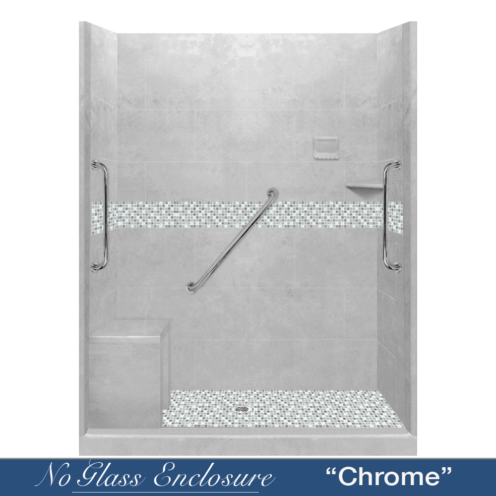 Freedom 60 Alcove Shower Remodel Kit with Portland Cement Sistine Stone & Del Mar Mosaic Accent - DIY Bathroom Upgrade for Modern Home Renovation