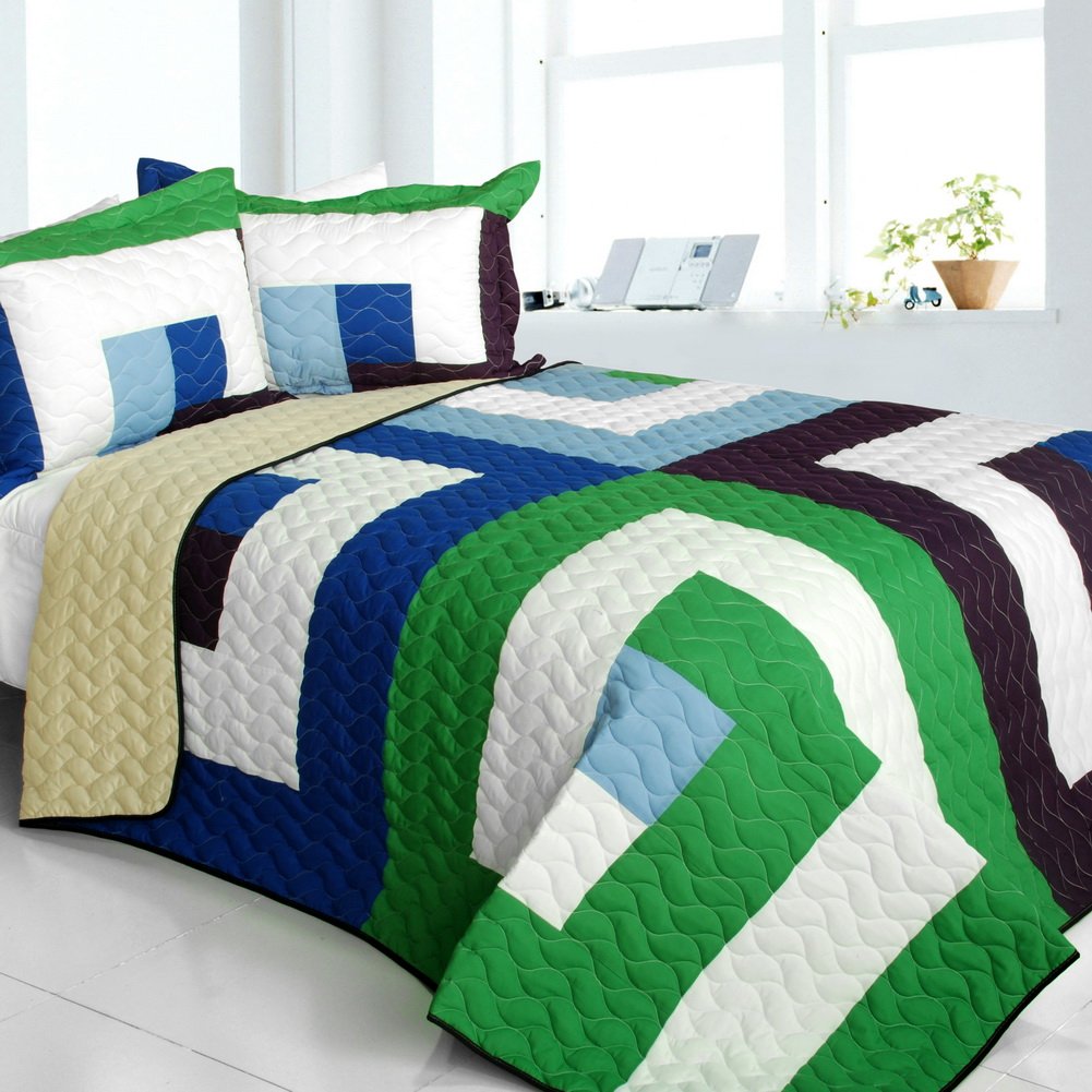 Dizzy Sun Vermicelli-Quilted Patchwork Geometric Quilt Set Full/Queen Size - Stylish Bedding for Modern Bedrooms, Guest Rooms & Cozy Home Decor