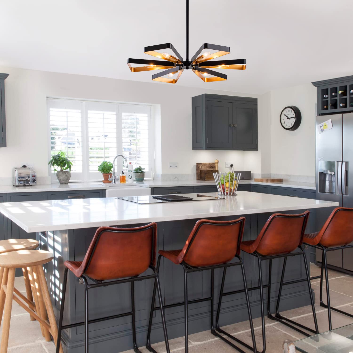 VILUXY Modern Geometric Pendant Light - 6-Light Mid-Century Chandelier with Matte Black & Brass Finish - Perfect for Dining Room, Kitchen, Living Room Lighting | Elegant Ceiling Fixture for Home Decor & Interior Design