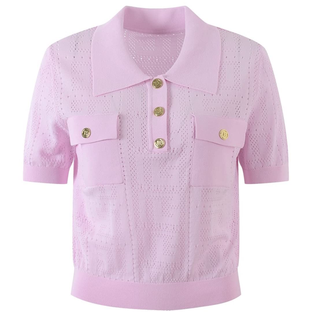 Women's White & Black Knitted Sweater with Gold Buttons - 2022 Summer Casual Short Sleeve Pullover Top in Pink - Perfect for Office Wear, Date Nights & Weekend Outfits