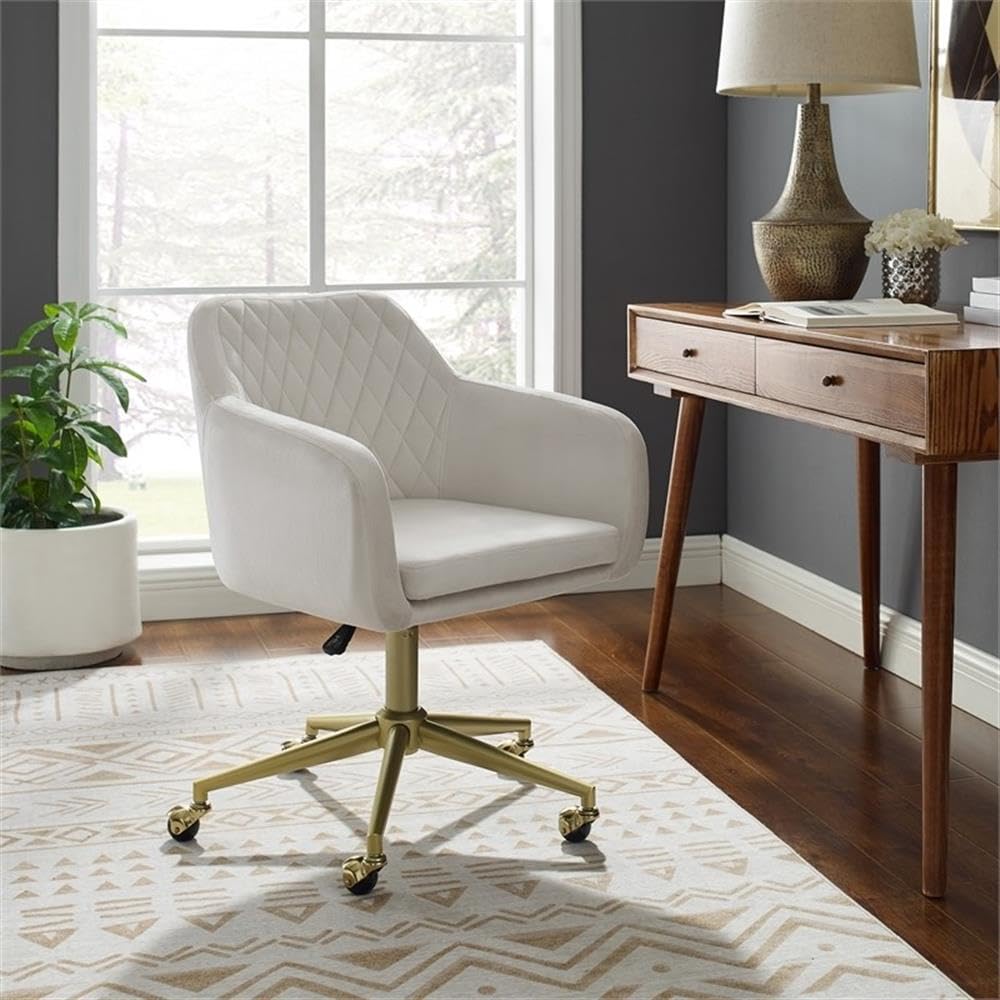 Ergonomic Fabric & Metal Office Chair with Wheels - Off White & Gold Finish - Perfect for Home Office, Workspace & Study Desk