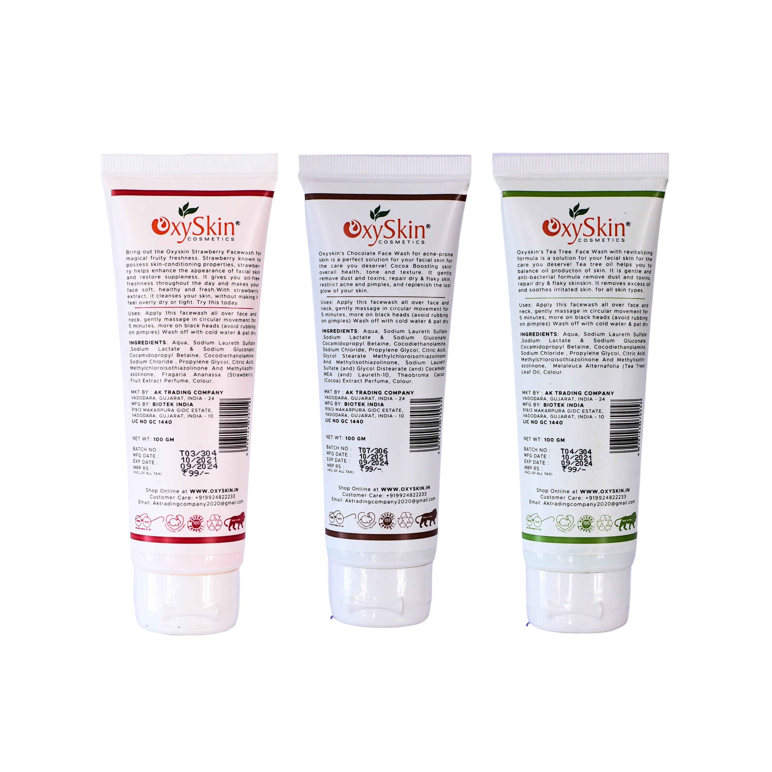 Oxyskin Cosmetics 3-Pack Face Wash Set - Strawberry, Chocolate & Tea Tree for Acne & Glowing Skin | Gentle Cleansing for Daily Skincare Routine