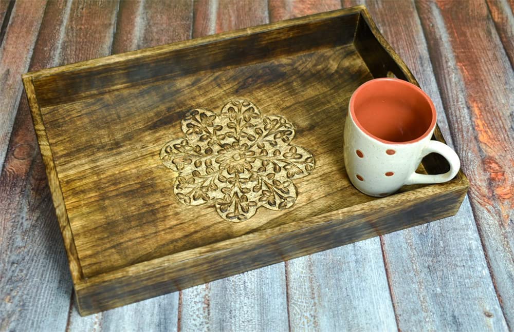 Ajuny Hand Carved Wooden Serving Tray - Floral Design Decorative Platter for Snacks, Fruits, Tea | Perfect for Kitchen, Dining Table, Coffee Bar & Housewarming Gifts