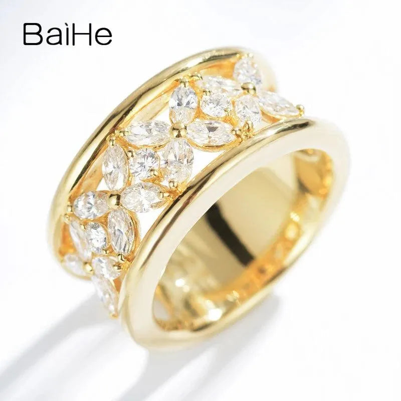 BAIHE 14K Yellow Gold 1.04ct H/SI Natural Diamond Flower Ring for Women & Men - Wedding, Engagement, Anniversary Gift - Elegant Fine Jewelry for Special Occasions