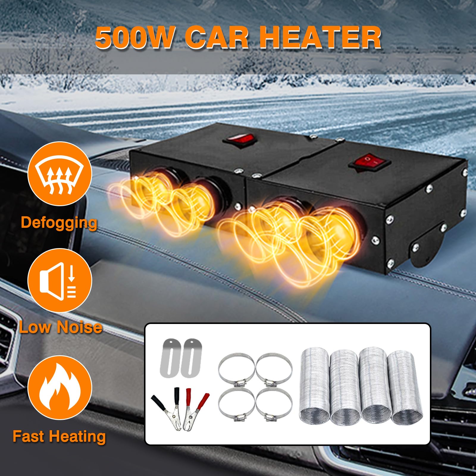 MACHSWON 24V 500W Portable Car Heater Defroster - 4-Port Windscreen Demister & Warm Air Fan for Trucks, RVs, and Winter Driving - Fast Defrosting Solution for Foggy Windows