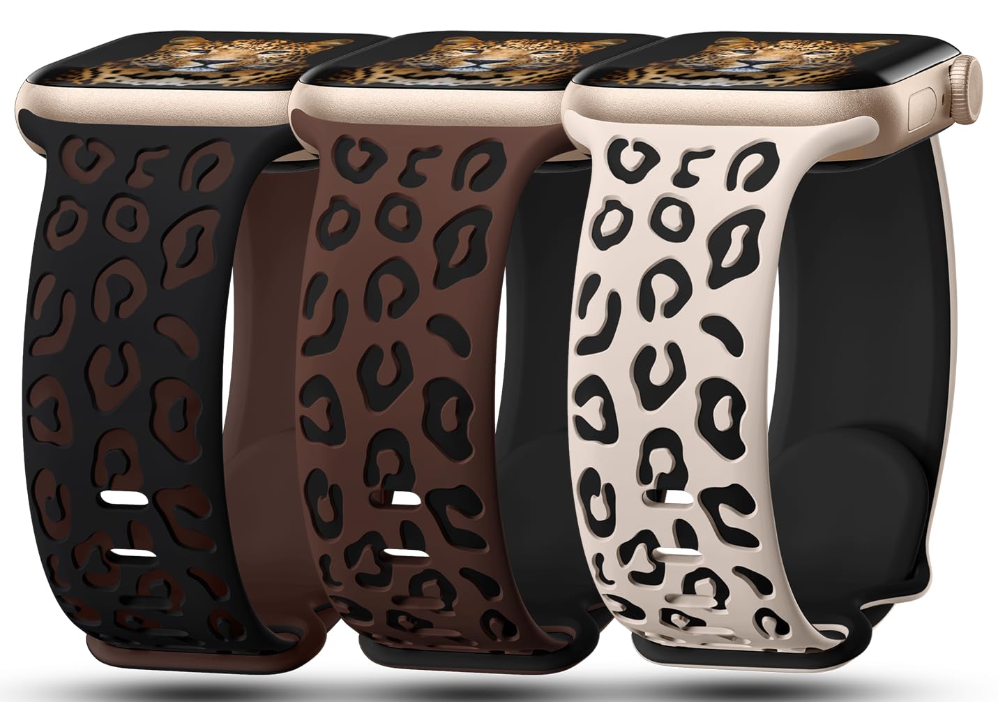 3 Pack Leopard Print Apple Watch Bands - Soft Silicone Sport Strap Compatible with iWatch Series 10/9/8/7/6/5/4/3/2/1/Ultra & All Sizes 38mm 40mm 41mm 42mm 44mm 45mm 46mm 49mm - Fashionable Cheetah Design for Women - Perfect for Workouts, Running, Gym & Everyday Wear