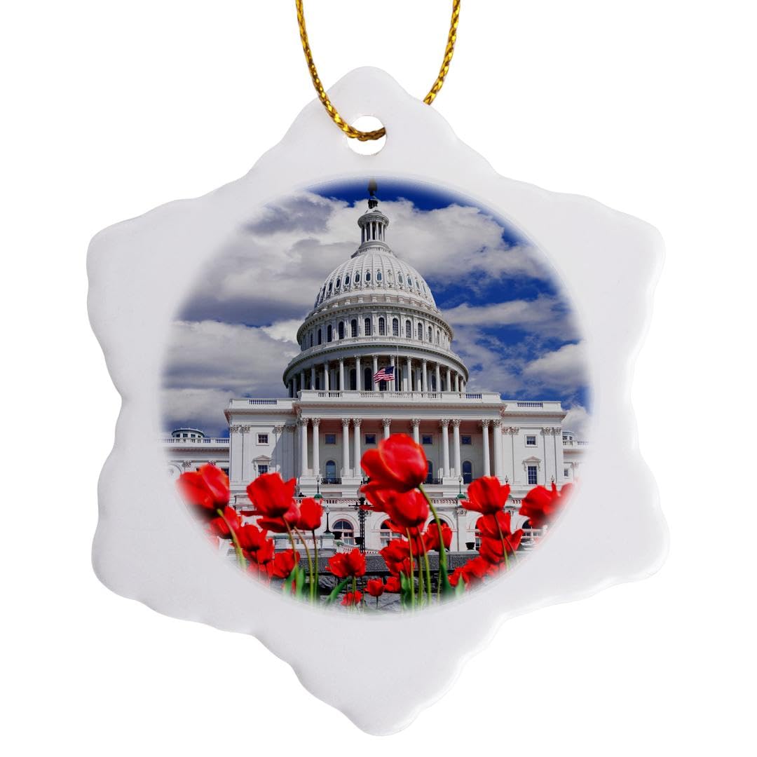 3D Rose Tulips Bloom in Front of The Capitol Building Washington DC - 3 Inch Snowflake Ornament for Christmas Tree Decor, Holiday Gift, Home & Office Decoration