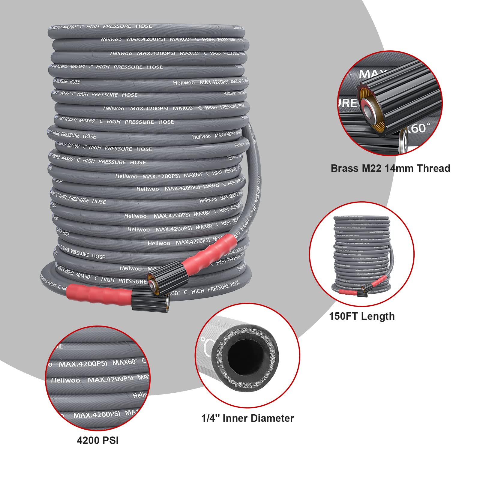 **150ft Pressure Washer Hose 1/4 Inch - Kink Resistant Heavy Duty Extension Hose with M22 14mm Fittings, 4200 PSI High Tensile Wire Braid - Perfect for Car Washing, Deck Cleaning & Home Maintenance**