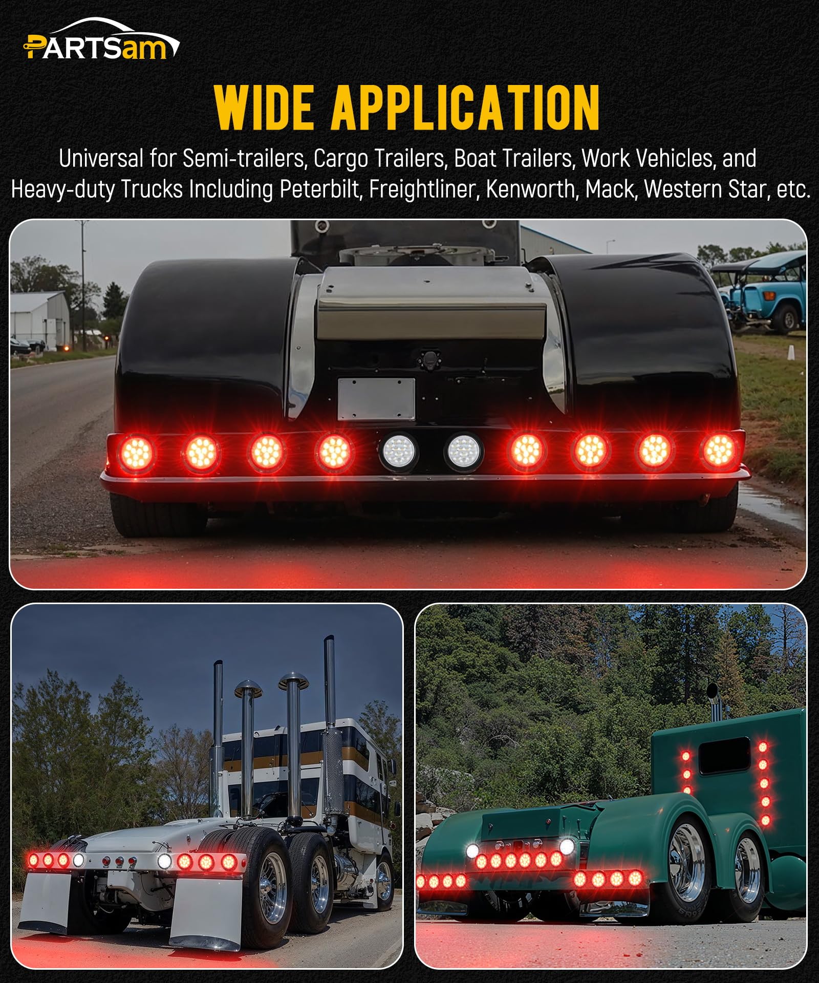 Partsam 4Pcs 4 Inch Round LED Trailer Tail Lights Kit - Red 12 LED Waterproof Brake Stop Turn Signal Lights for Trucks, RVs, Boats, UTE & UTV - 12V Sealed Flush Mount with Grommet Plug Included | Durable Marker Lights for Night Driving & Towing Safety