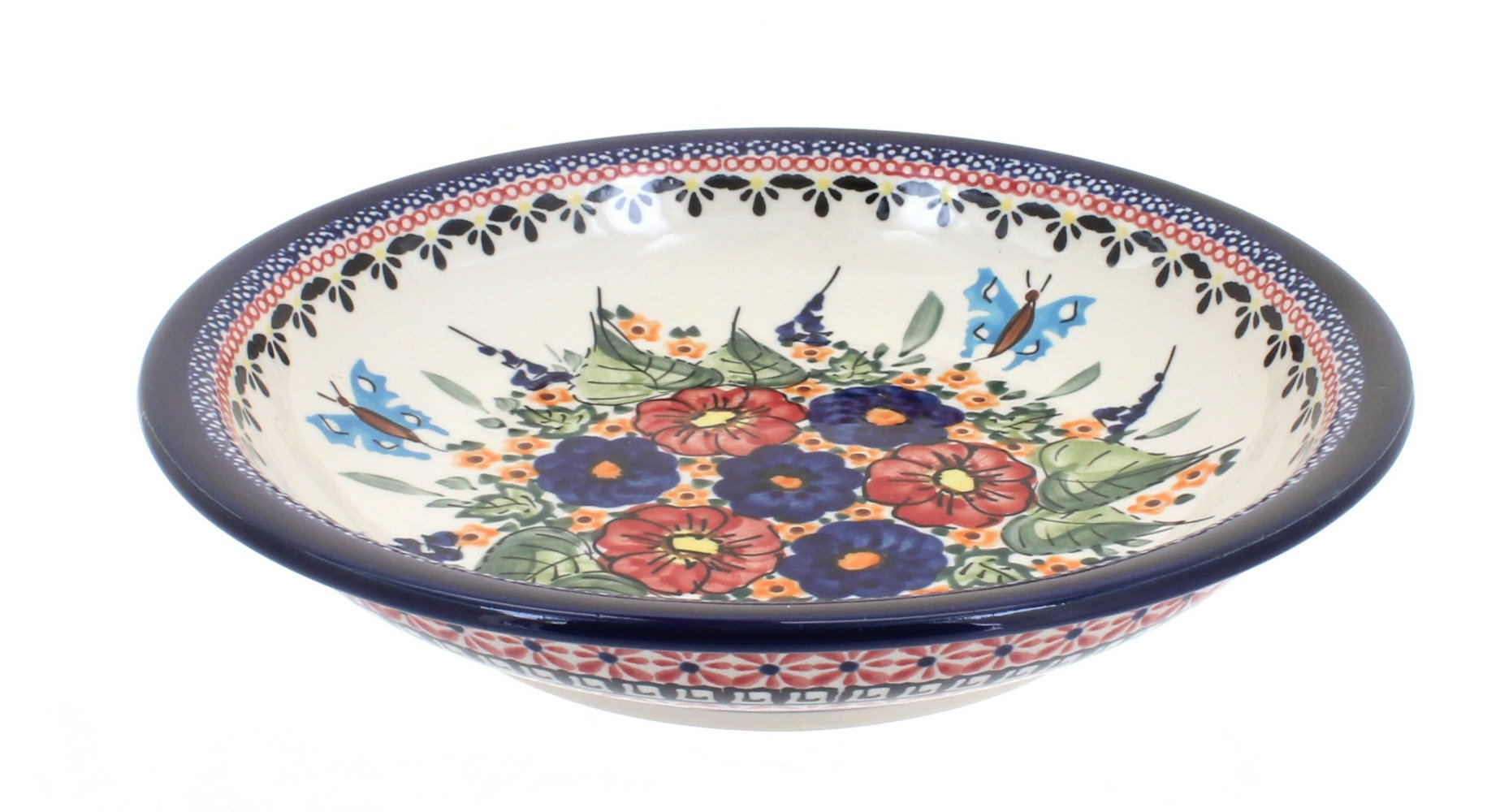 Blue Rose Polish Pottery Floral Butterfly Soup Plate - Handmade Ceramic Dinnerware for Soup, Salad & Dessert - Perfect for Elegant Dining, Tea Parties & Home Decor