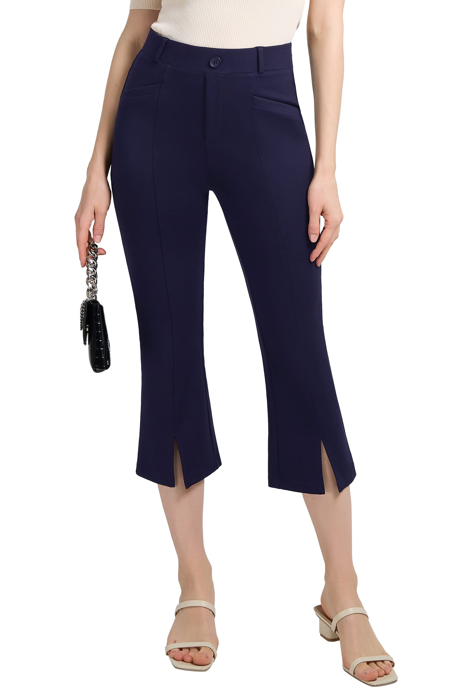 PUWEER Women's Stretchy Flare Capri Pants - Business Casual Dress Pants with Pockets | Summer Work Cropped Pants for Office & Outdoor Activities