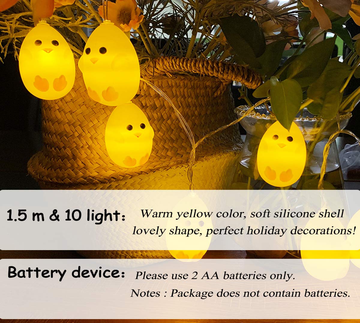 Cute Little Yellow Chicken String Lights - 10 LED Battery Operated 4.9ft Easter Decor for Home, Party, Birthday, Camping & Kids Bedroom | Perfect for Easter Decorations, Nursery Lighting & Outdoor Camping Ambience