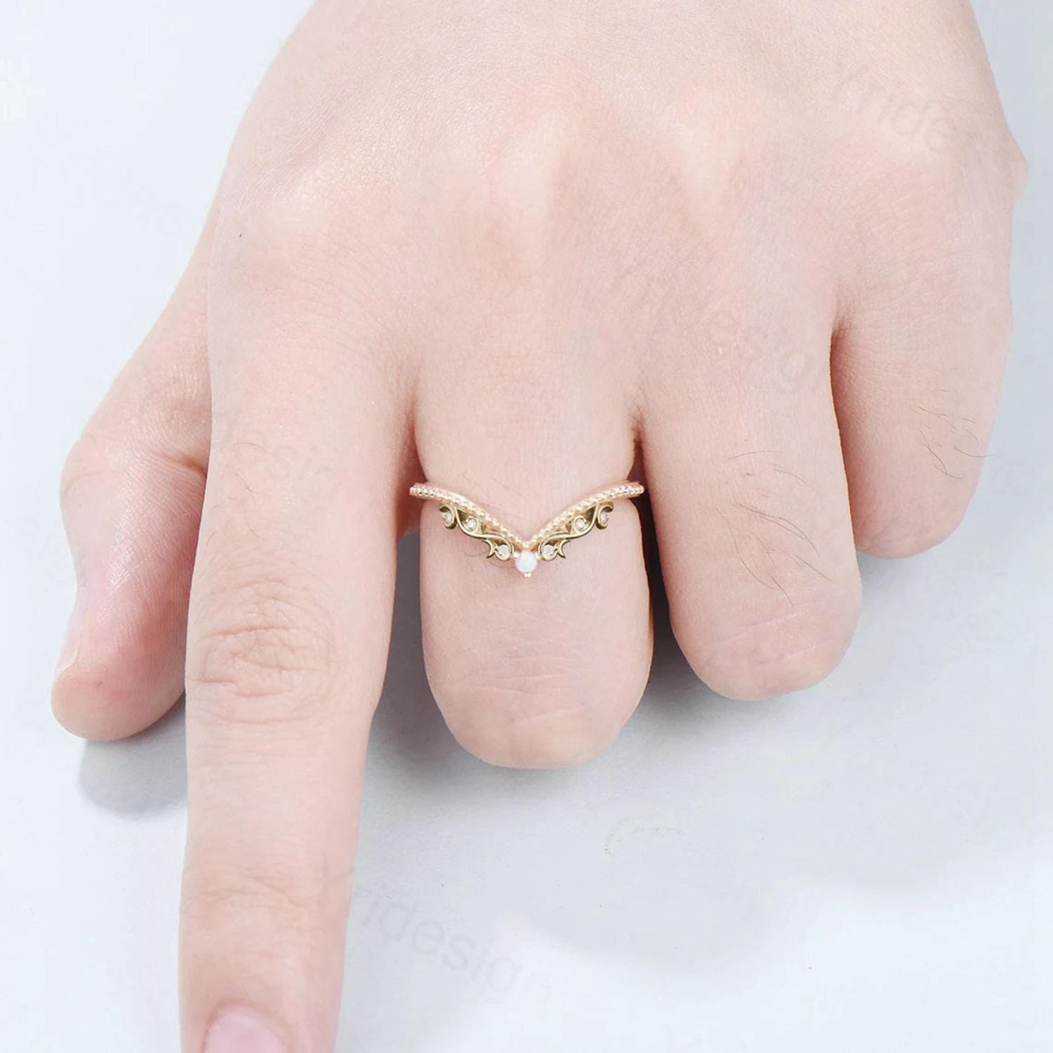 Celtic Knot Opal Wedding Band - Curved White Opal Art Deco Moissanite Yellow Gold Stacking Ring - Elegant Anniversary Matching Band Gift for Couples - Perfect for Weddings, Anniversaries & Romantic Occasions