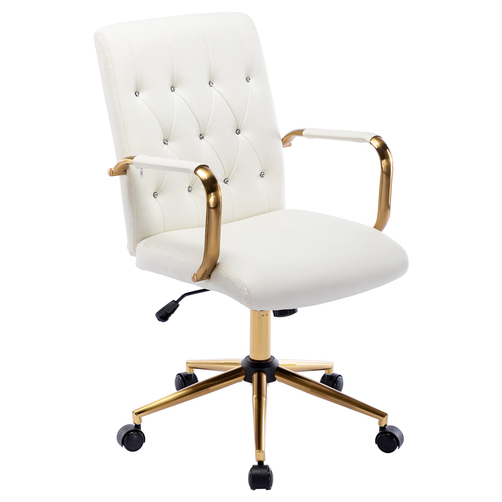 Premium PU Leather Home Office Desk Chair - Modern Gold Swivel Task Chair with Wheels, Adjustable Height & Armrests, Ergonomic Computer Chair for Office, Study, Gaming & Workspace - White & Gold Base