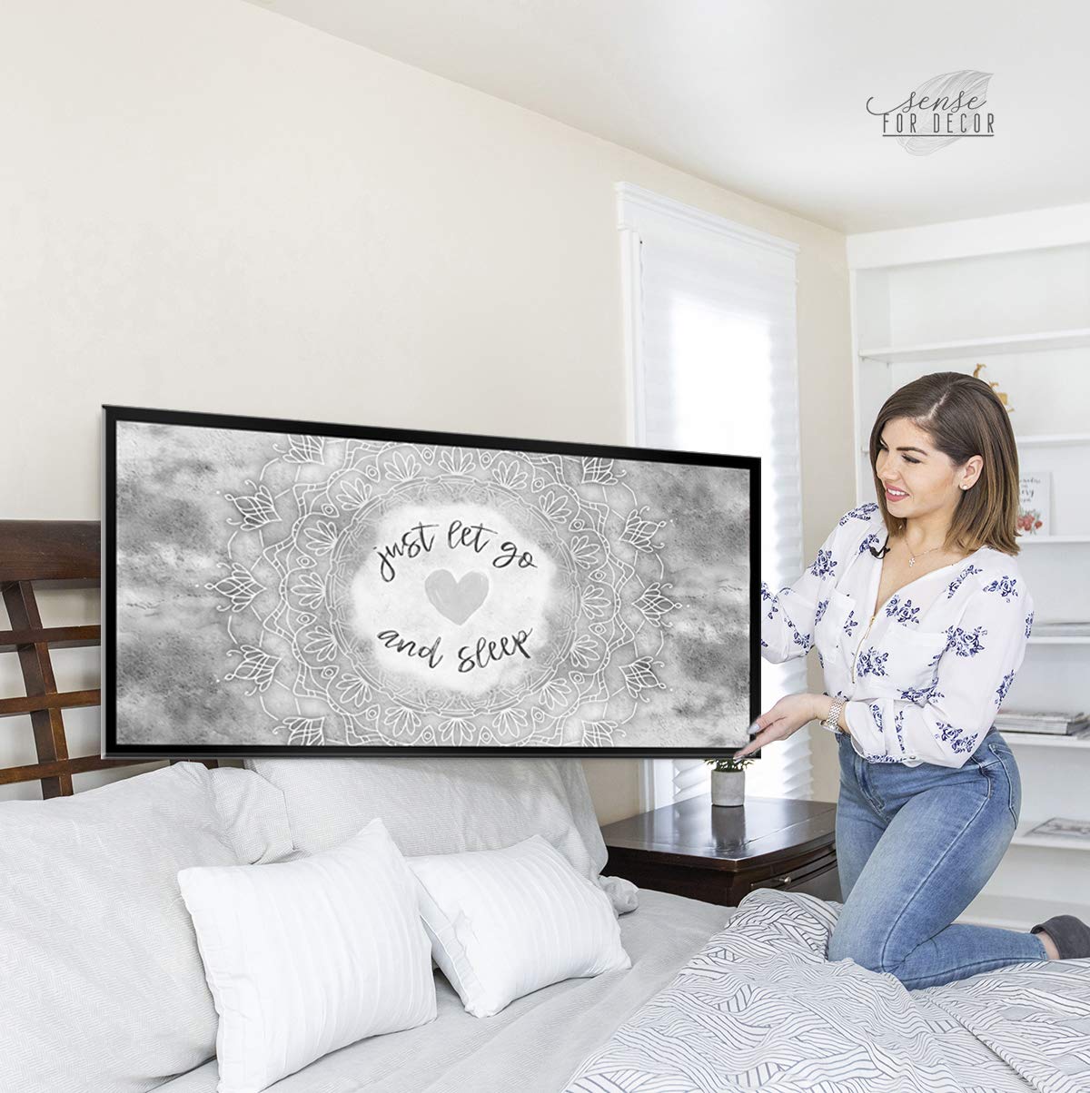 Boho Just Go And Sleep Large Canvas Wall Art - Bohemian Mandala Wall Decor for Master Bedroom, Above Bed Decor (Grey & Black Floating Frame 42x19) - Perfect for Meditation Spaces & Boho Chic Home Decor