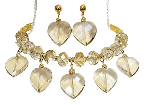 Exquisite Rare Sparkly Champagne Austrian Crystal Jewelry Set - Necklace, Earrings & Bracelet with 5 Hearts Design | Perfect for Weddings, Anniversaries & Special Occasions