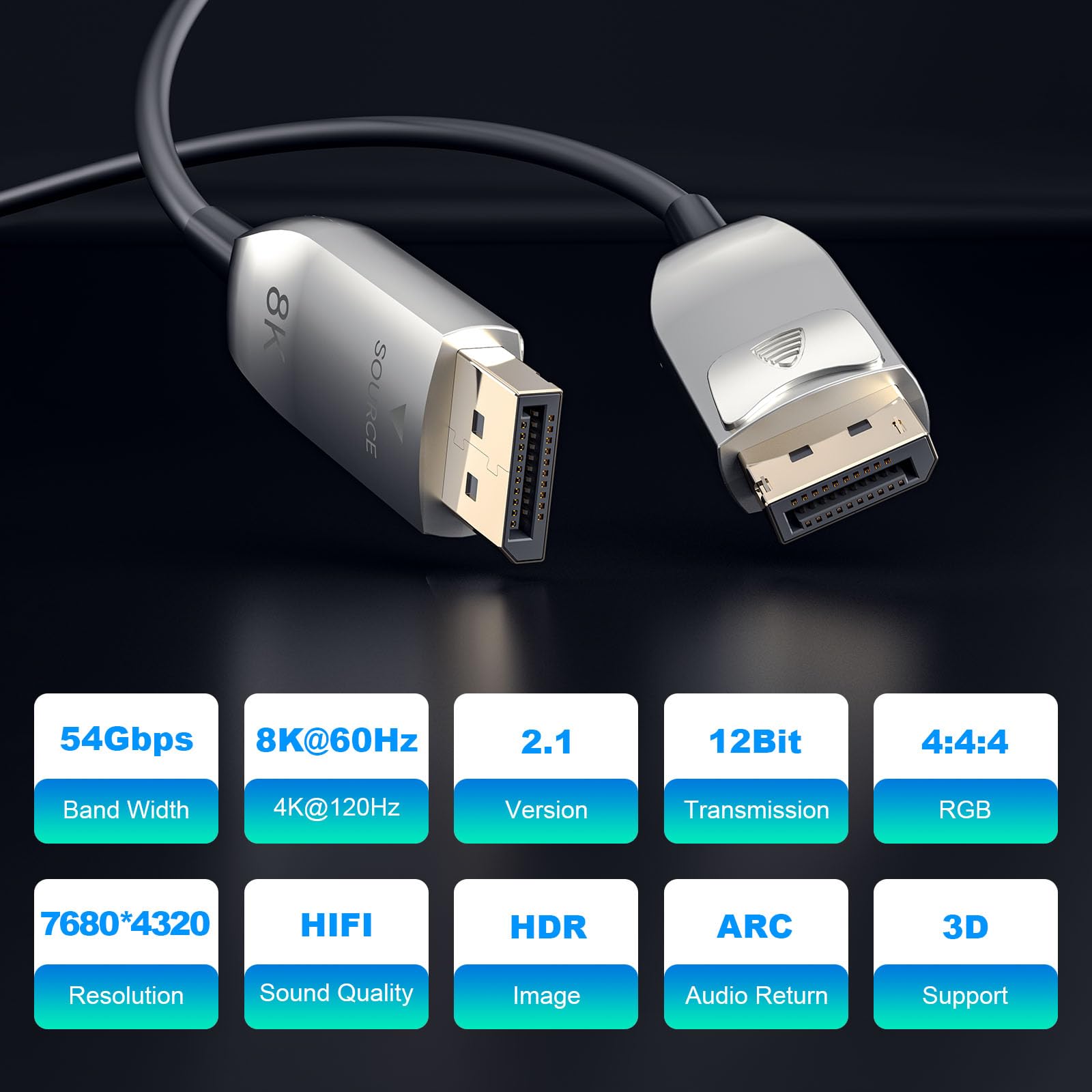 8K@60Hz 4K@240Hz Active Fiber Optic DisplayPort 2.1 Cable - 54Gbps High Speed, Lockable DP to DP Male Cable (75ft/22.5m) for Gaming PC, Home Theater & Professional Video Editing Setup