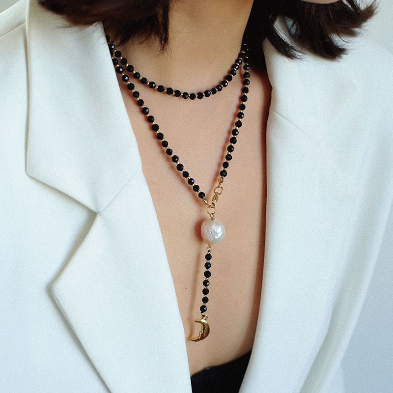 Elegant Black Onyx Layered Necklace with Pearl & Crescent Moon Pendant - Perfect for Women's Fashion, Boho Jewelry & Gift Giving