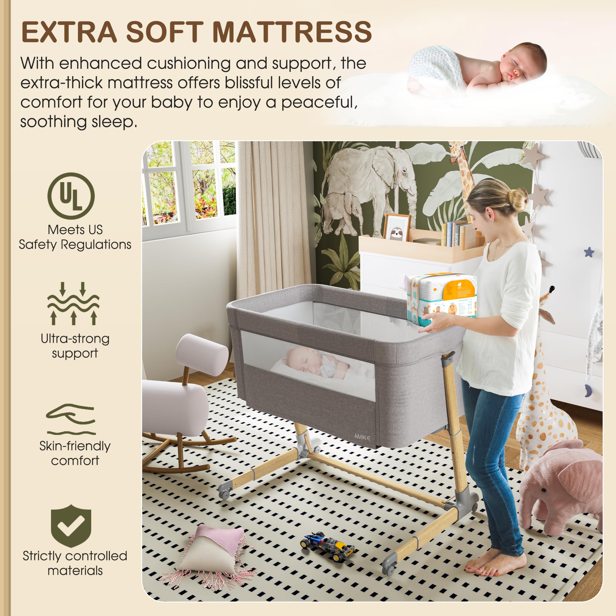 AMKE Baby Bassinets - Breathable Mesh Bedside Sleeper for Newborns & Infants | Portable, Adjustable Crib for Safe Co-Sleeping | Nursery & Bedroom Essential (Wood Grain Gray) | Perfect for Nighttime Feeding & Soothing Baby