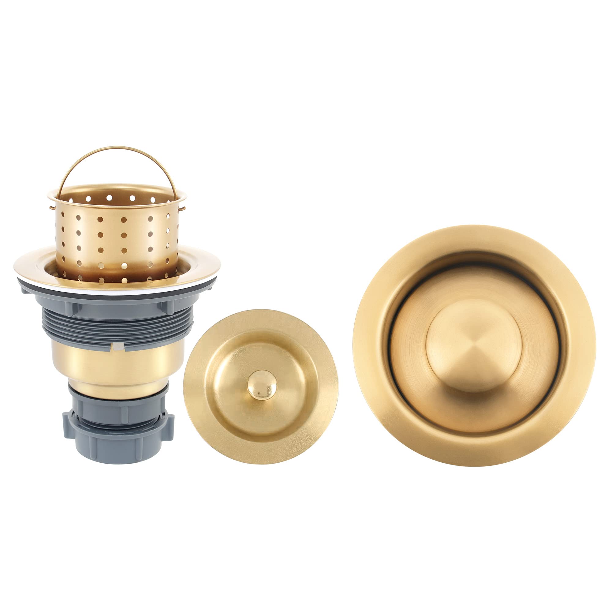 LQS Kitchen Sink Drain Assembly - 3.5 Inch Standard Sink Strainer with Removable Waste Basket, Garbage Disposal Flange & Stopper, Golden Finish for Easy Cleaning & Clog Prevention - Perfect for Home Kitchen, RV, Camper & Restaurant Sinks