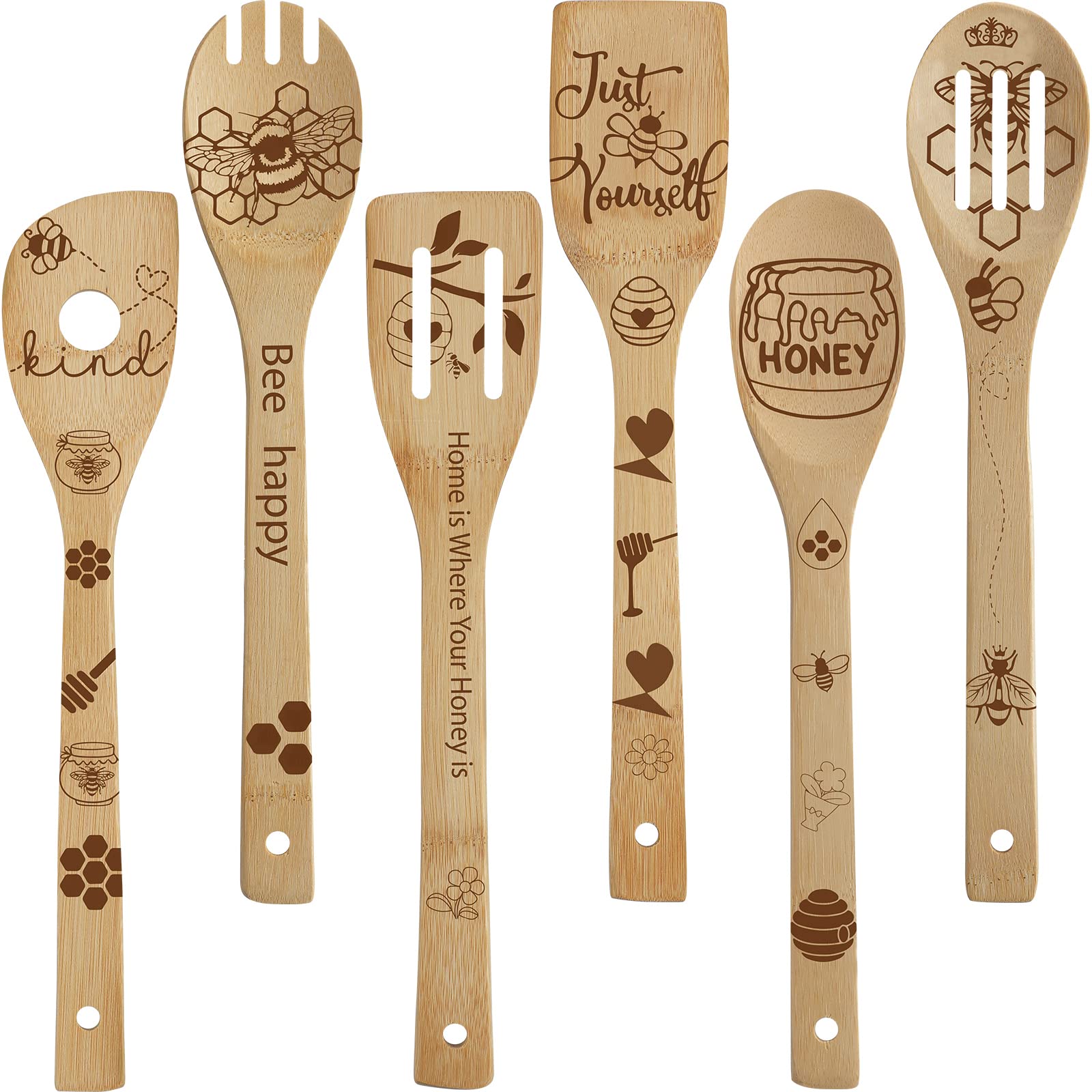 Bee Wooden Spoons Set - 6Pcs Honey-Themed Kitchen Utensils for Cooking, Baking & Wedding Gifts