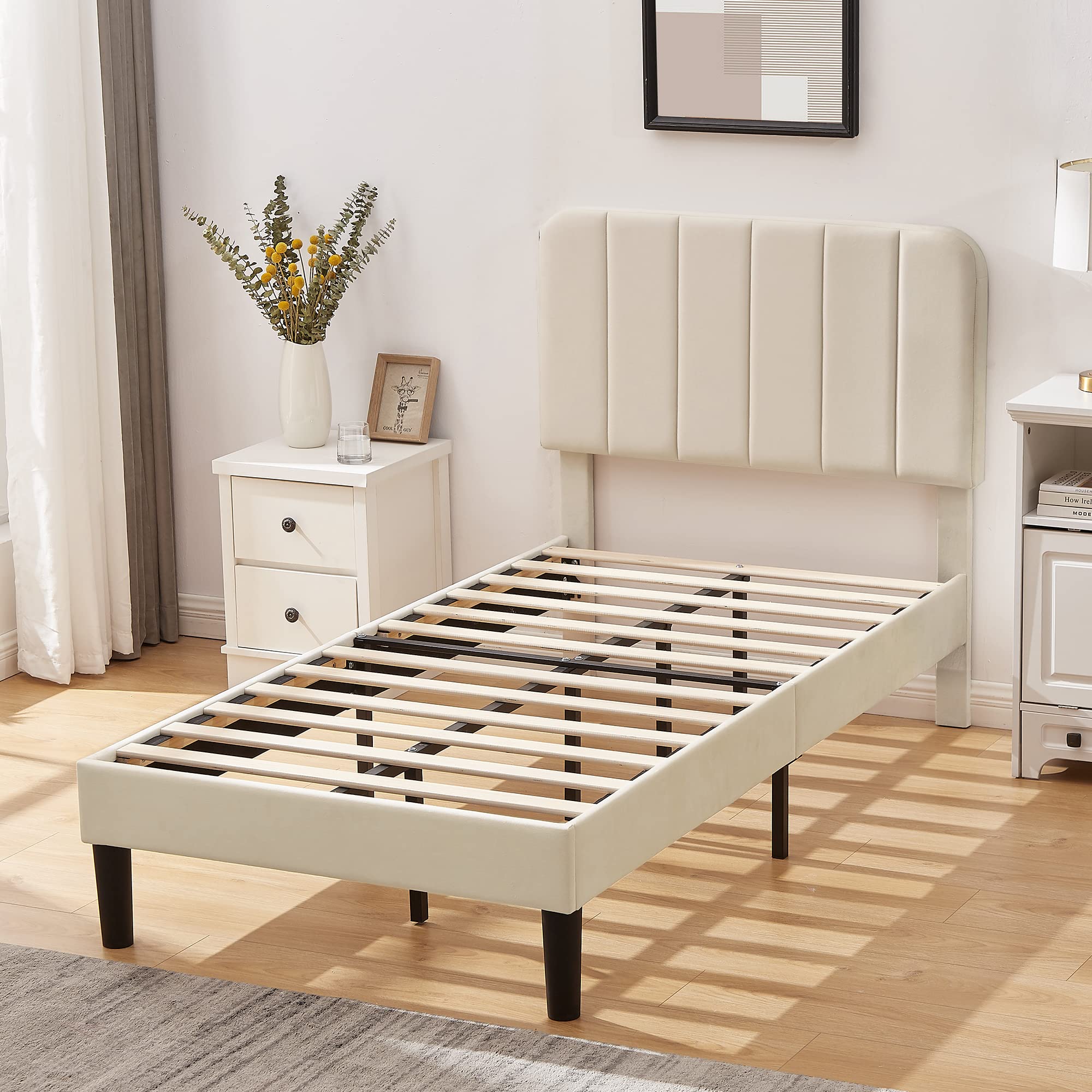 VECELO Twin Size Upholstered Bed Frame with Adjustable Headboard - Velvet Platform Bed Frame with Wood Slat Support, No Box Spring Needed, Beige - Perfect for Small Bedrooms, Guest Rooms, and Dormitories