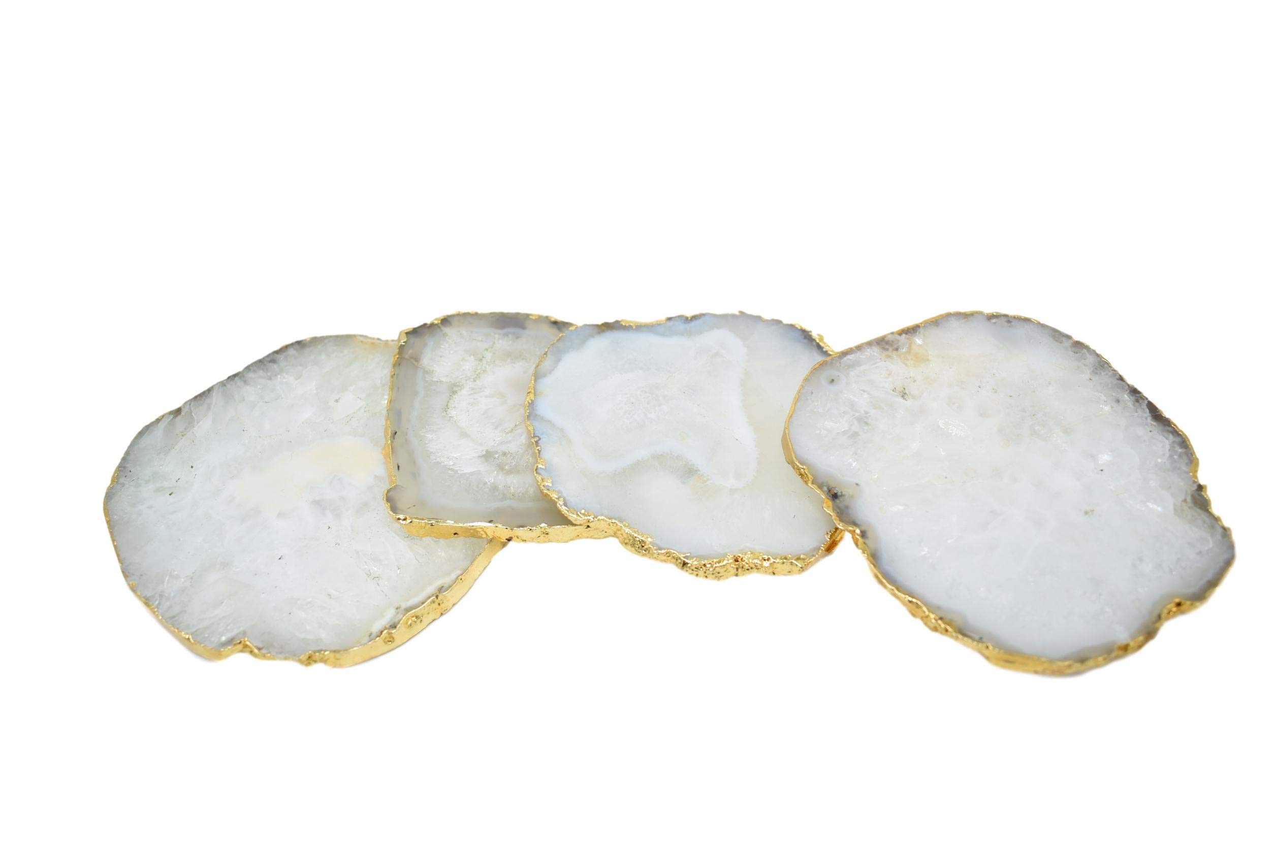 Premium White Agate Coasters Set of 4 - Natural Stone Drink Coasters with Gold Trim - Non-Slip Irregular Shaped Coasters for Home Decor, Housewarming Gift & Table Setting - Perfect for Wine Glasses, Coffee Mugs & Dinner Parties