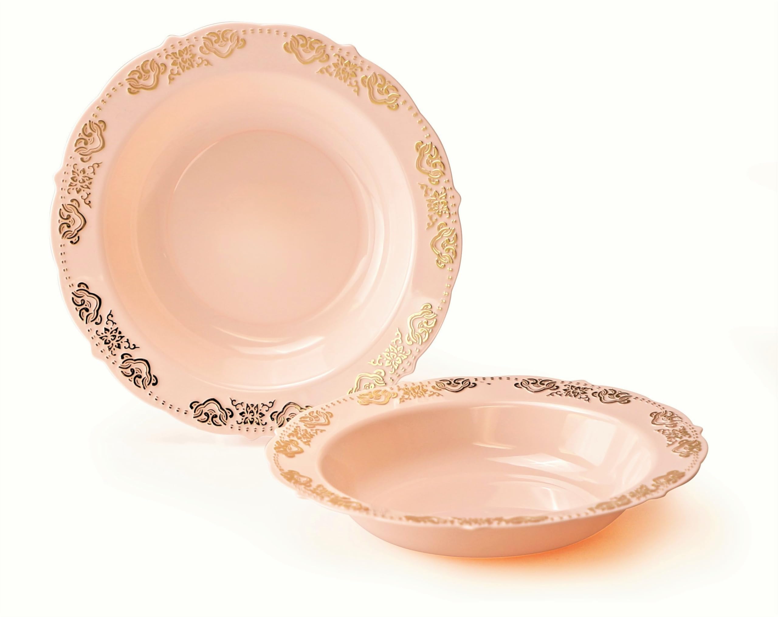 240 Pack Disposable Plastic Bowls 10 oz - Vintage Light Pink & Gold Portofino Design for Wedding, Party & Events - Elegant Soup Bowls for Catering, Picnics & Home Entertaining