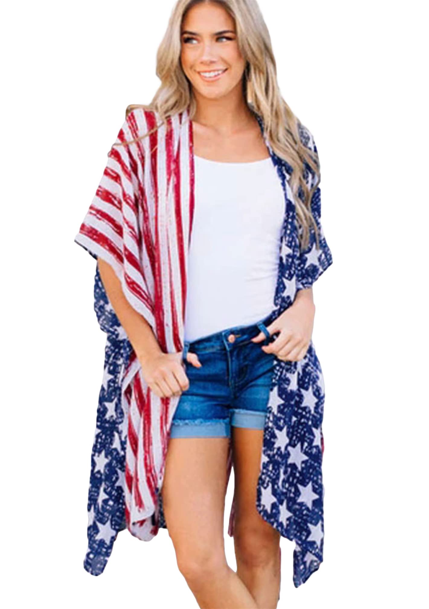 BOFETA Women's American Flag Kimono Cardigan - Lightweight Beach Cover Up, Loose Fit Summer Blouse for Pool, Vacation & Patriotic Outfits