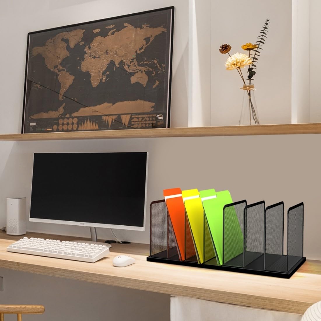 Kuntine.B 7-Slot Mesh Desk File Organizer - Upright Desktop File Sorter for Office Documents, Papers & Folders - Perfect for Home Office, Workplace & Classroom Organization (Space-Saving Storage Solution)
