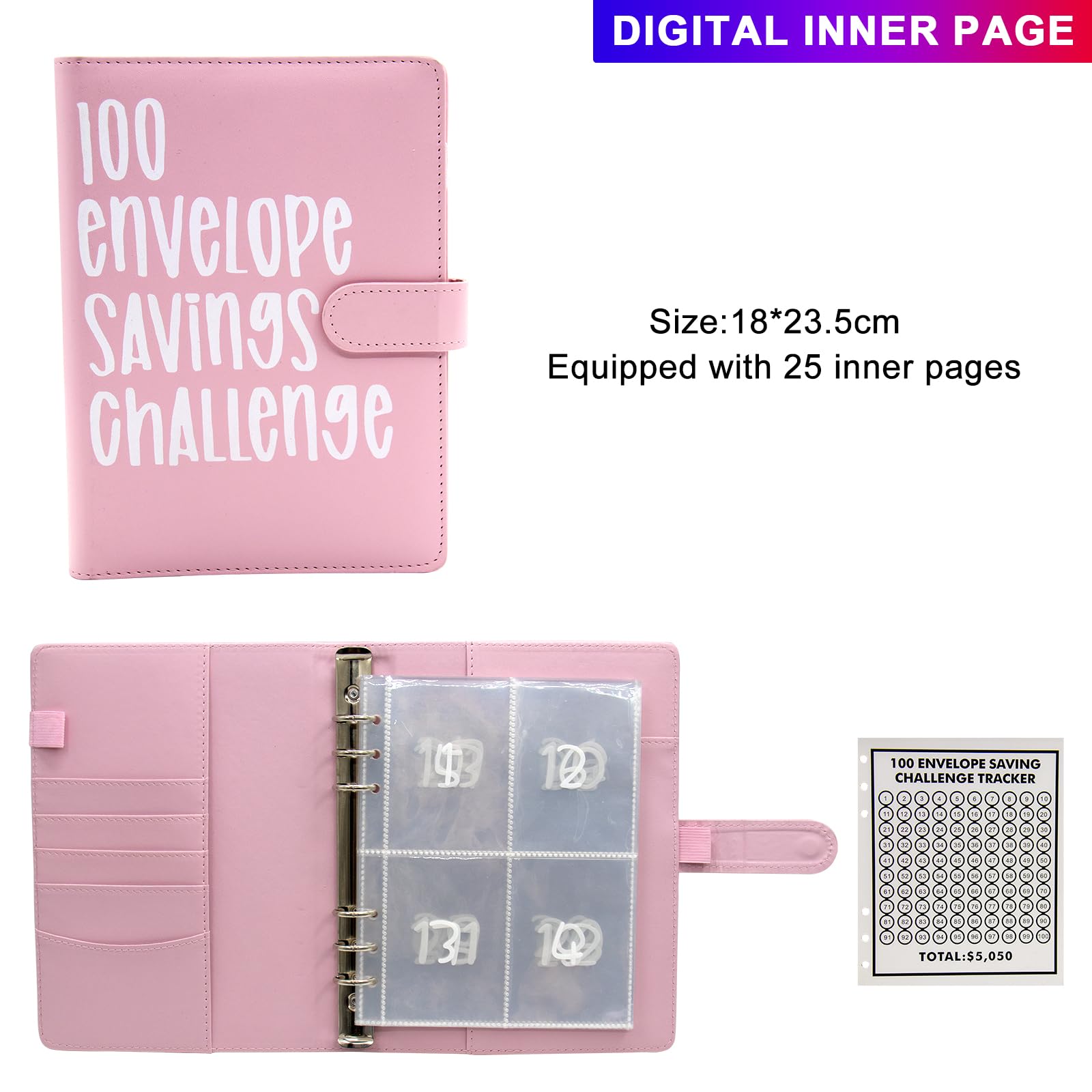100 Envelopes Challenge Binder - 100 Day Money Saving Challenge Kit with Budget Flipchart & Cash Envelope Wallet | Pink Savings Tracker for Financial Goals | Perfect for Budgeting, Cash Stuffing & Personal Finance Organization