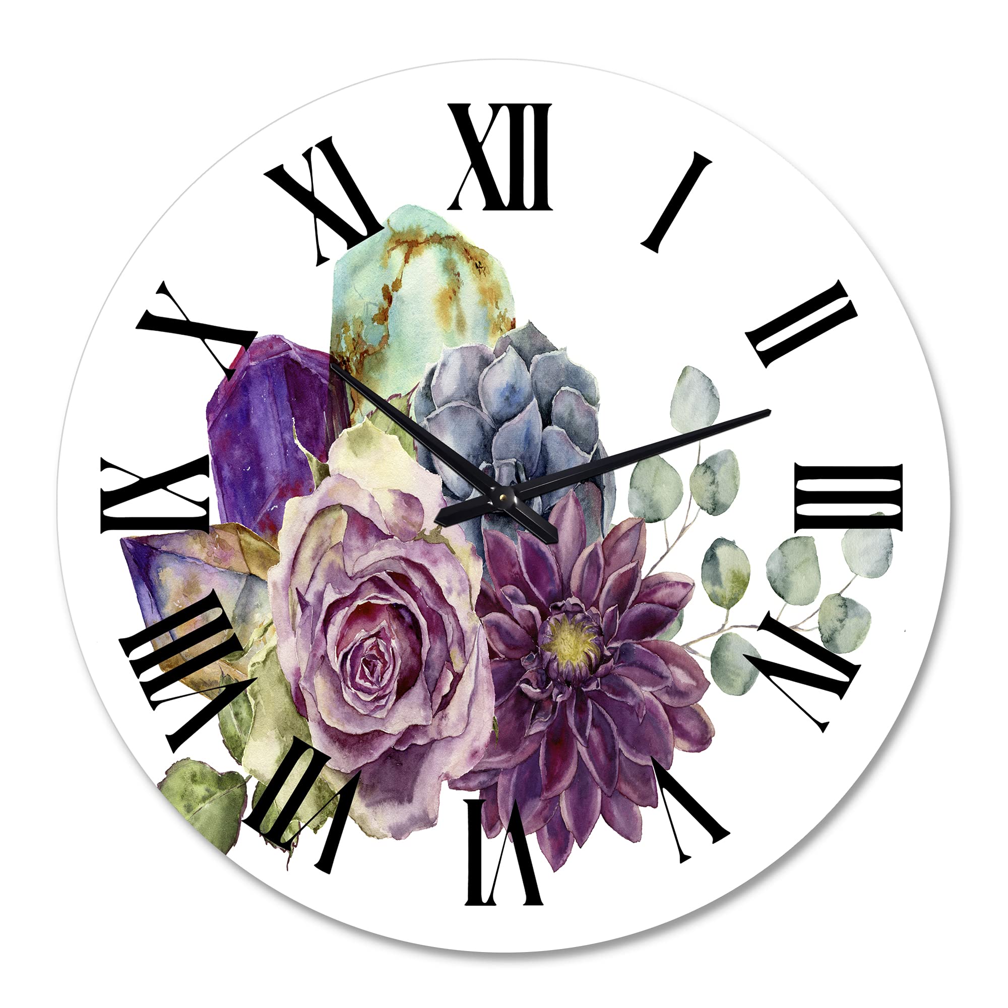Large Floral Wall Clock with Succulents & Eucalyptus - Traditional Decorative Kitchen Clock for Home & Office Decor | Perfect for Farmhouse, Living Room, Bedroom, and Dining Area