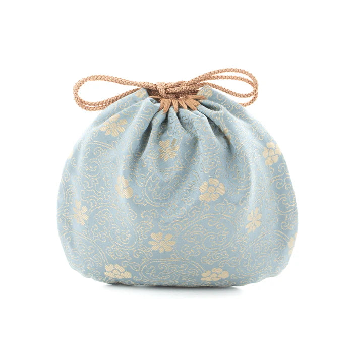 Nishijin Ori Small Drawstring Bag - Chrysanthemum & Peony Floral Design in Blue | Handmade Kyoto Japanese Traditional Craft Purse | Perfect for Gift, Cosmetics & Jewelry Storage