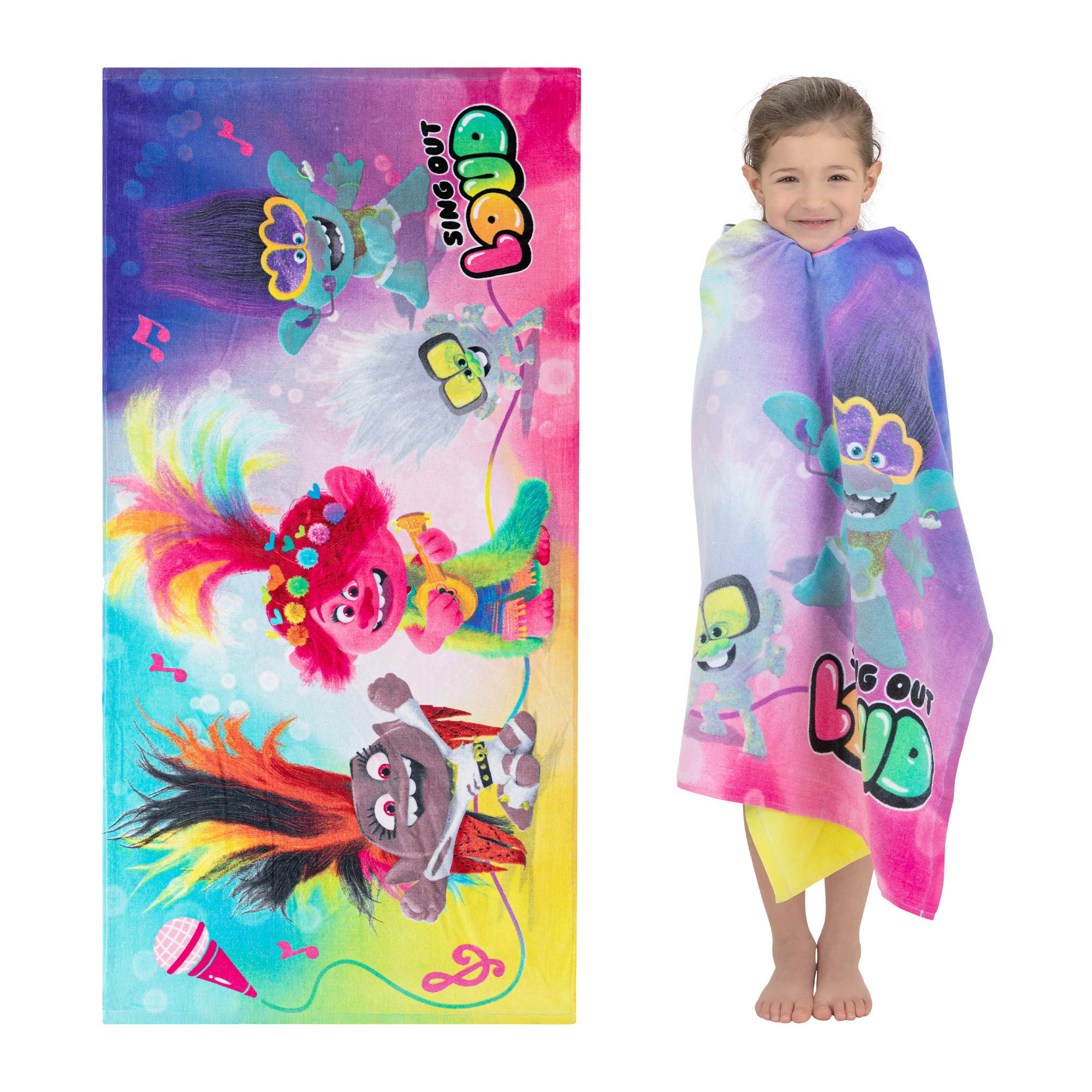 Franco Kids Trolls World Tour Super Soft Cotton Towel - 58x28 Inch, Perfect for Bath, Pool, Beach, and Travel