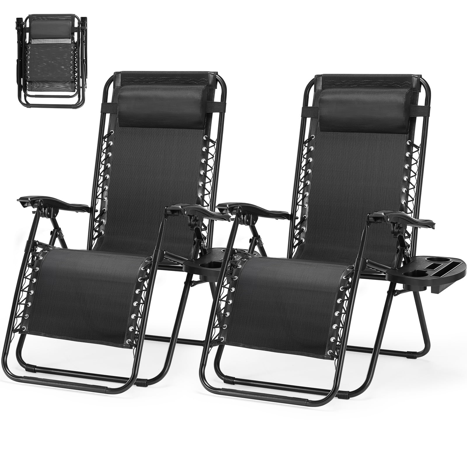 SMUG Folding Zero Gravity Lounge Chair Set of 2 - Portable Outdoor Reclining Camping Chairs with Adjustable Headrest & Cup Holders - Perfect for Patio, Garden, Lawn, Beach & Backyard Relaxation - Black