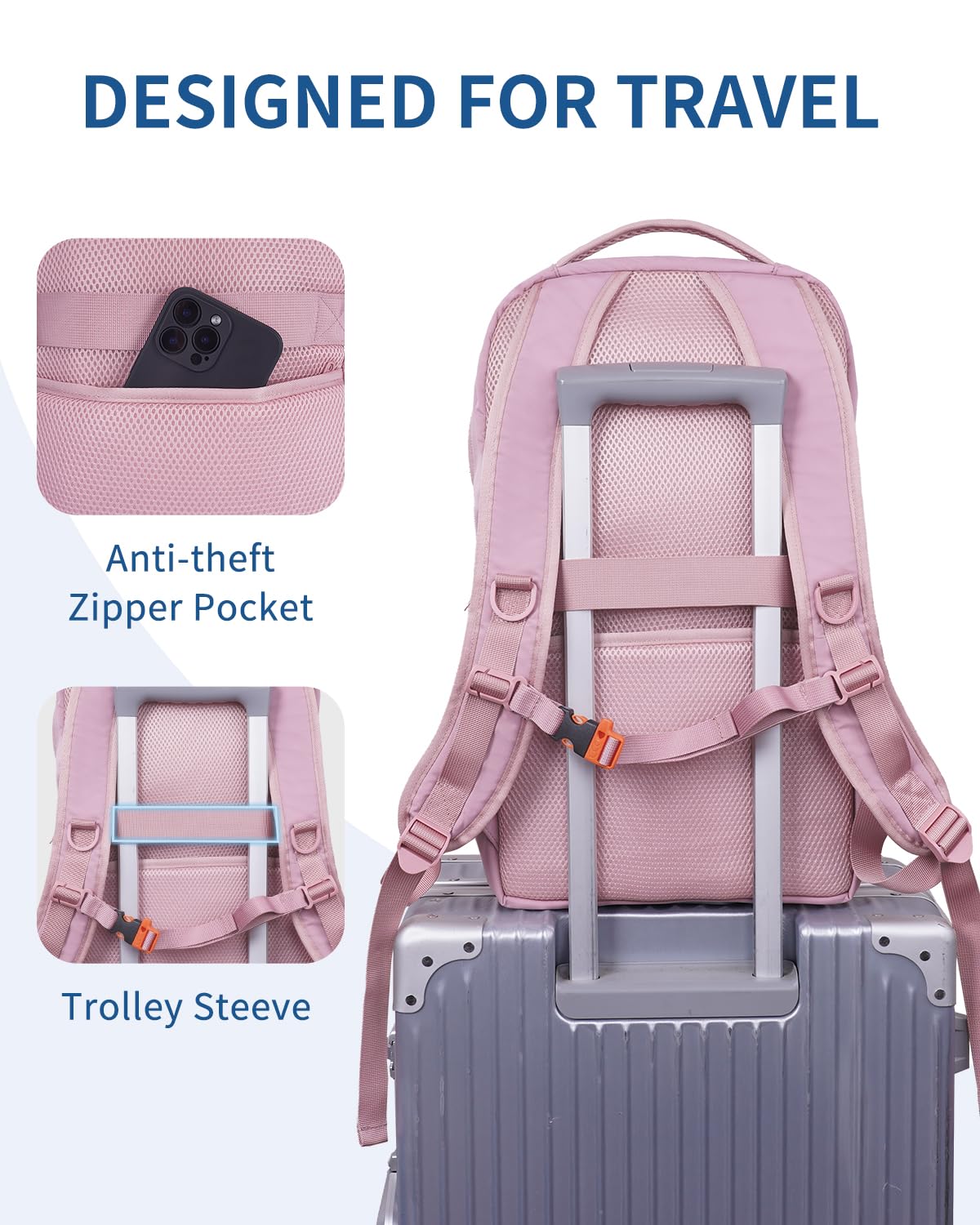 **WANDF 15.6-Inch Laptop Backpack for Women & Men - Airline Approved, Water Resistant, Lightweight Travel Backpack for Business, Commuting & Weekender Trips with Whistle Buckle & Elastic Strap (Pink) - Perfect for Work, School & Travel**