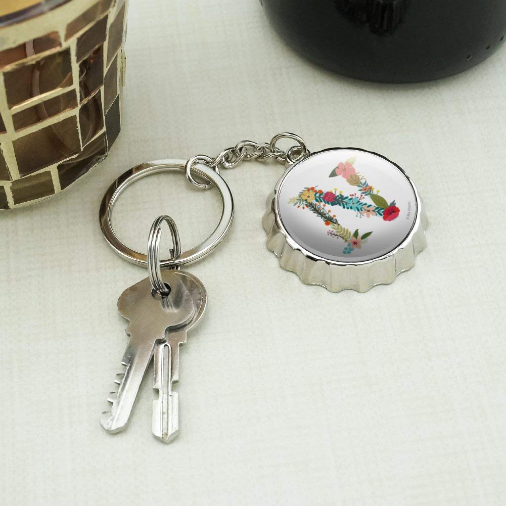 Floral Monogram Letter N Keychain - Chrome Plated Metal Bottle Opener with Pop Cap - Perfect for Gifts, Home Decor & Party Accessories