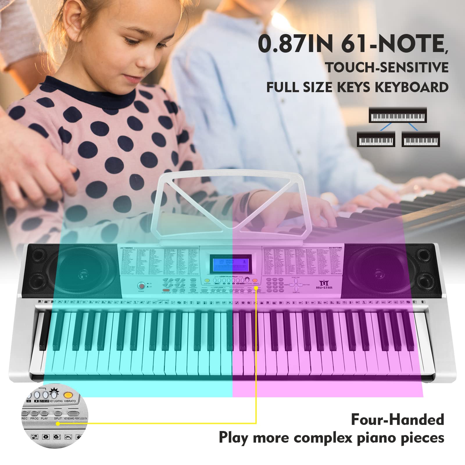 MUSTAR 61 Key Electric Piano Keyboard with Lighted Keys - MEKS-400 Digital Piano for Beginners, Includes Stand, LCD Screen, Headphones & Mic | Perfect for Home Learning, Music Practice & Gift Giving