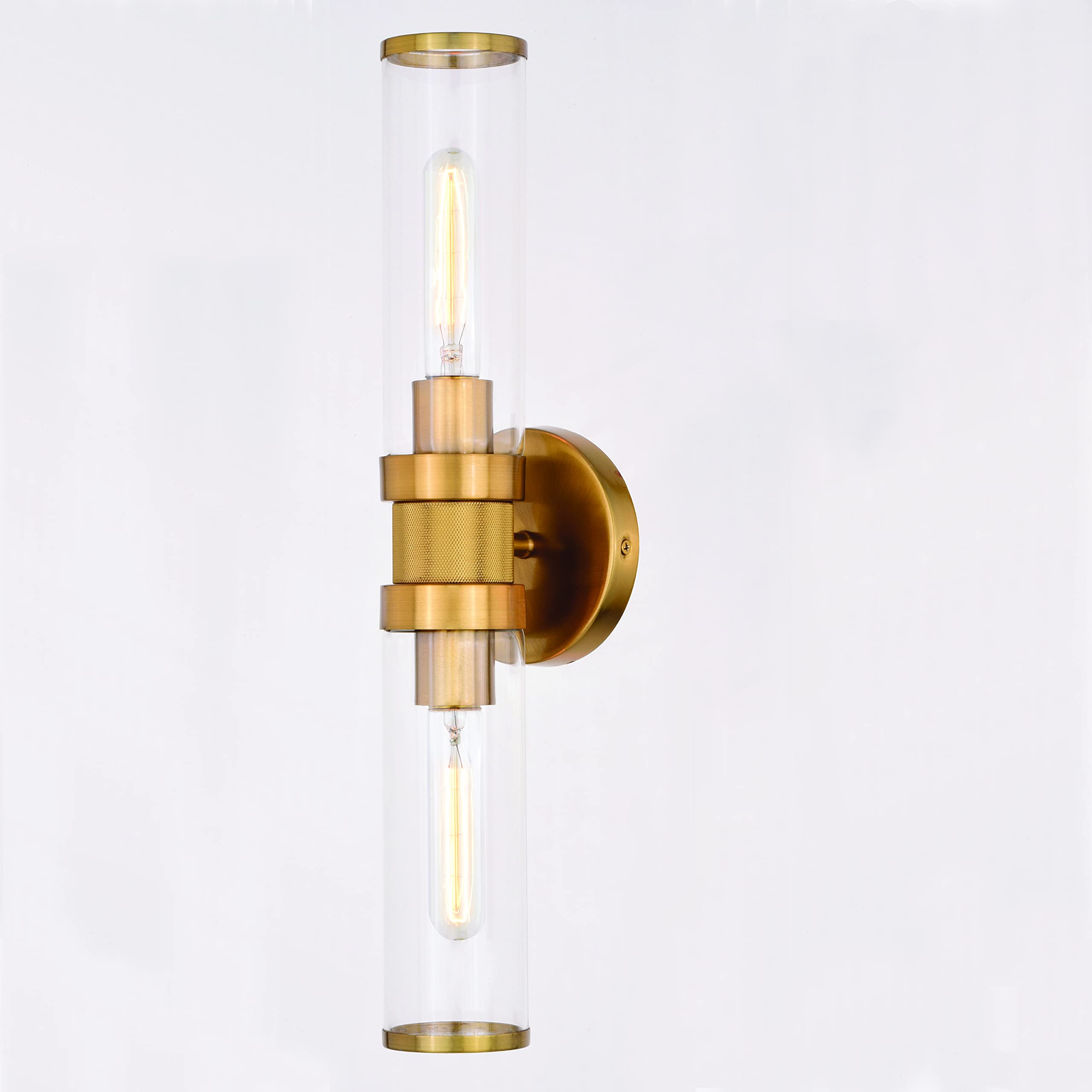 VAXCEL Levitt 2-Light Bathroom Vanity Light Fixture - Mid Century Modern Industrial Style with Satin Brass Finish & Clear Glass Shades - Perfect for Bathroom, Powder Room, and Dressing Area Lighting