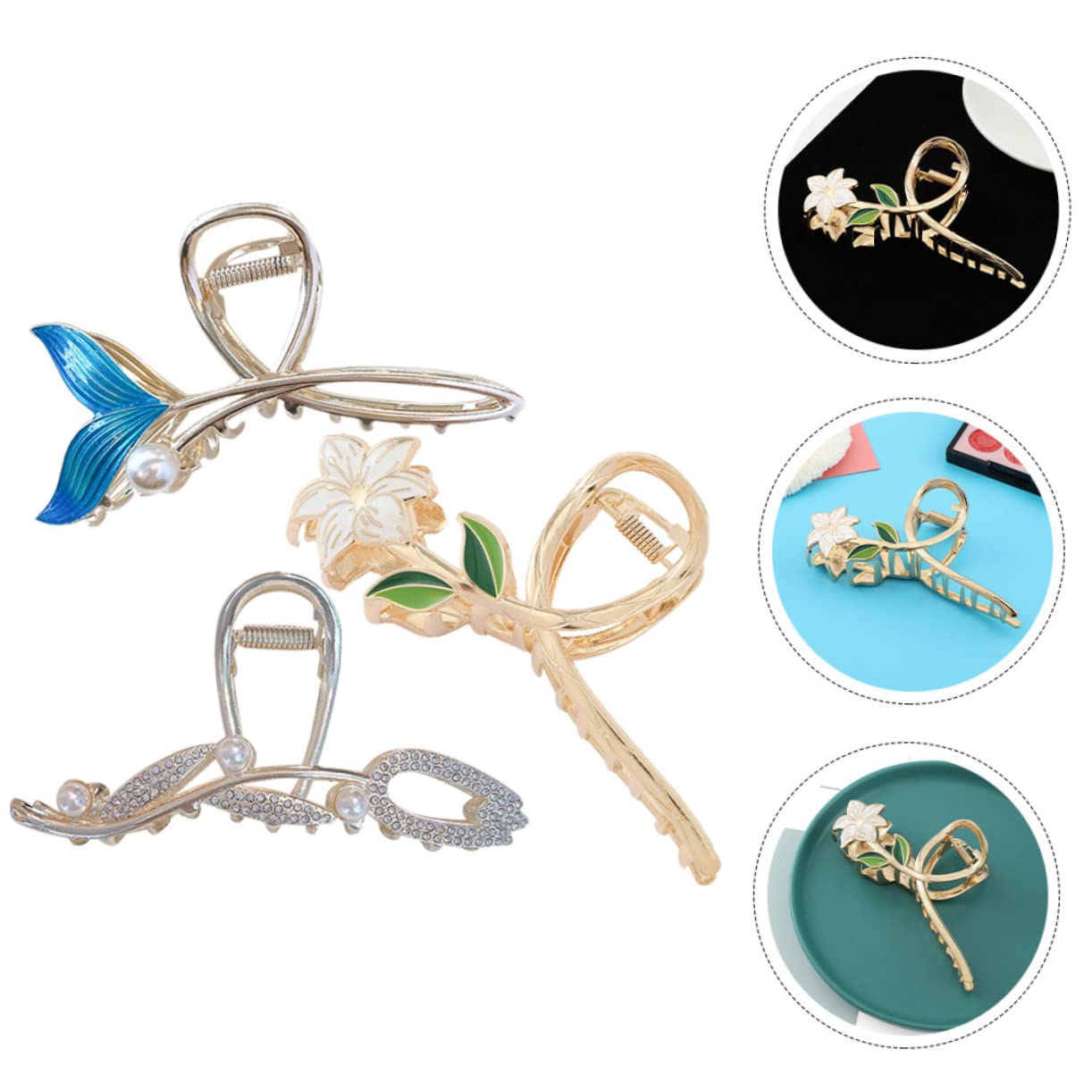 Mikinona 3-Pack Cute Metal Flower Hair Claw Clips for Women - Fashionable Hair Accessories for Volume & Style (Random Design) - Perfect for Everyday Wear, Parties & Gifts