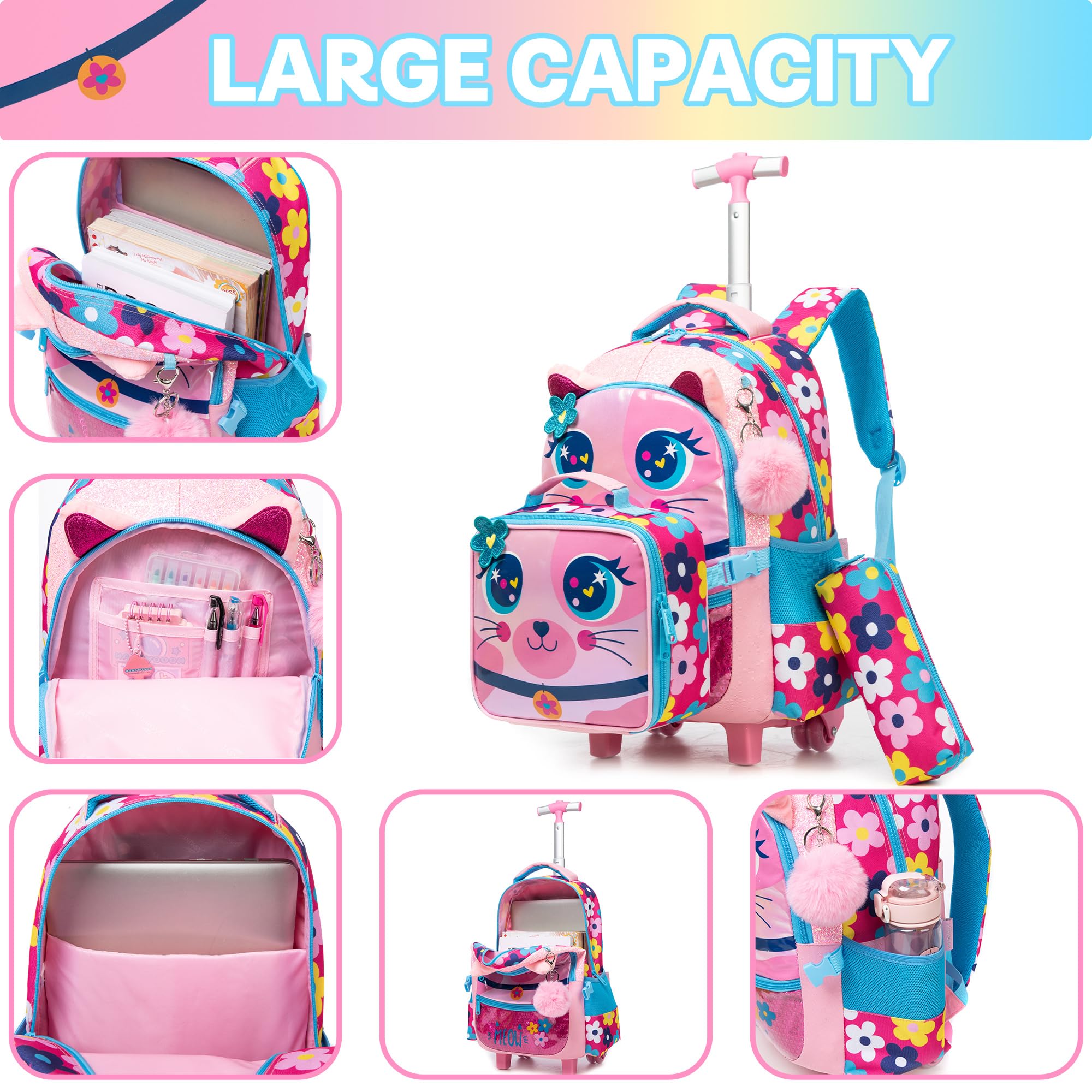 Meetbelify Rolling Backpack for Girls - 3-in-1 Wheeled School Backpack with Lunch Box & Pencil Case, Travel Carry-On Suitcase for Elementary & Preschool Students (Ages 8-10) - Perfect for School, Travel & Daily Commute