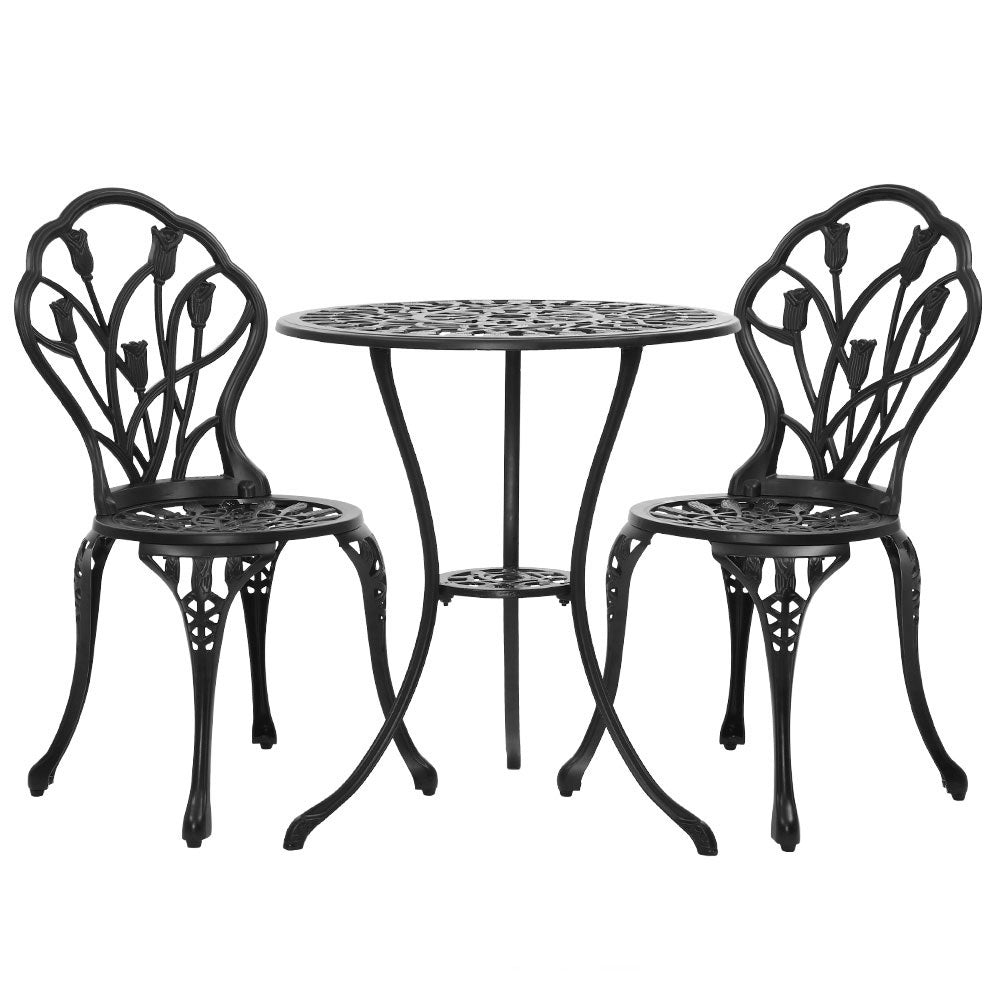 3-Piece Outdoor Bistro Set - Cast Aluminum Patio Table & Chairs in Tulip Black - Perfect for Garden, Balcony, and Small Space Dining